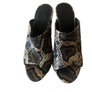 Vince Camuto Black and Tan Snake Print Mules